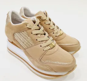 Apepazza sneakers fondo gomma   zeppa interna alta 6 cm. pelle e camoscio beige glitter oro rif.603