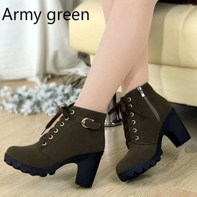 Autumn Winter Women's High Quality Solid Lace-Up Synthetic Leather Boots