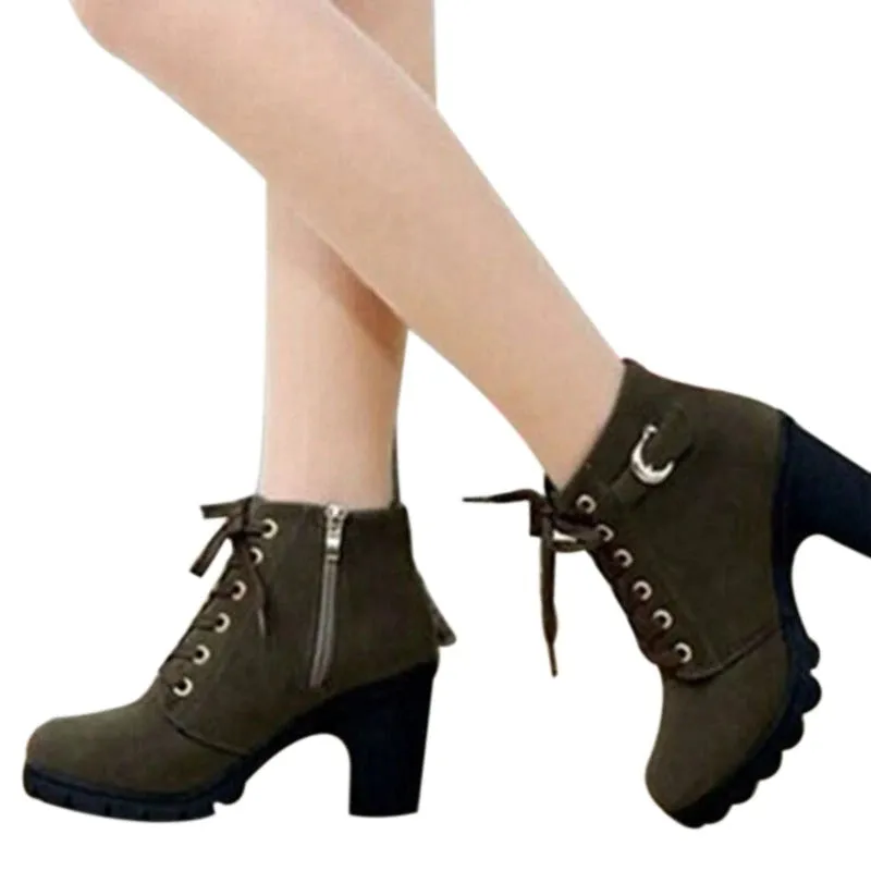 Autumn Winter Women's High Quality Solid Lace-Up Synthetic Leather Boots