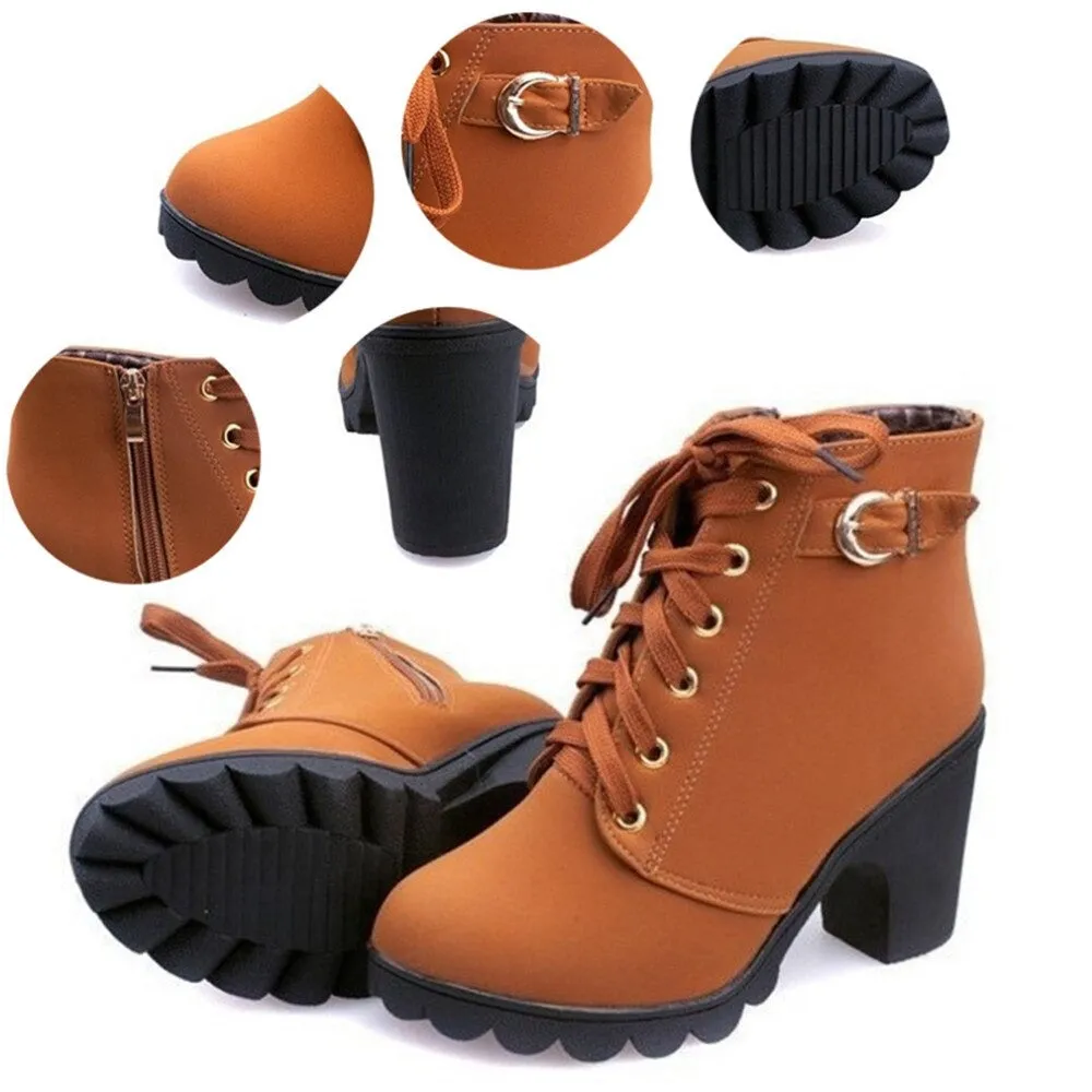 Autumn Winter Women's High Quality Solid Lace-Up Synthetic Leather Boots