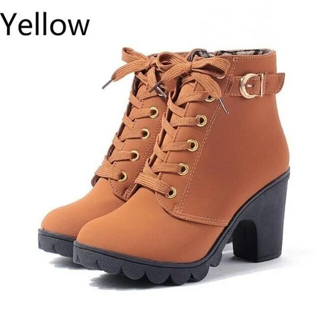 Autumn Winter Women's High Quality Solid Lace-Up Synthetic Leather Boots