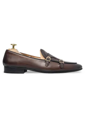 Belgian Loafer - Dark Brown Snake Skin Double Monk Strap (Hand Painted Patina)