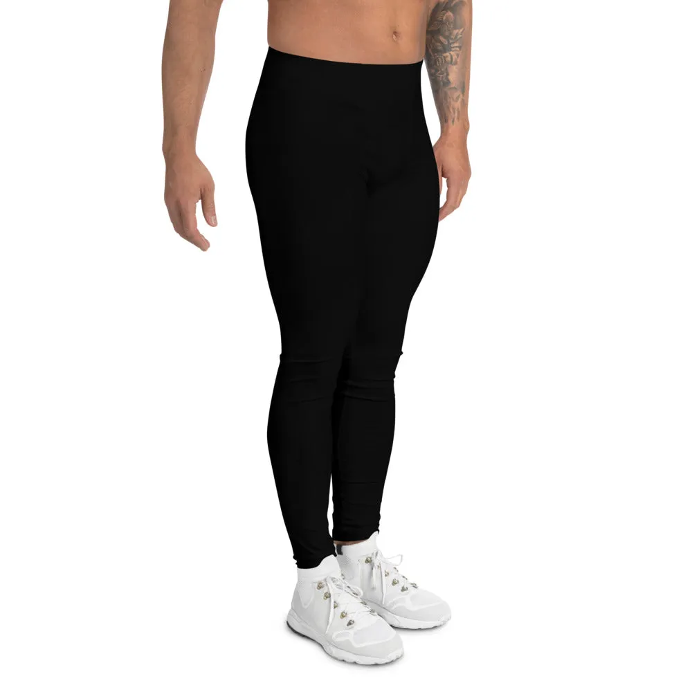 Black Solid Color Men's Leggings, Designer Sexy Meggings Running Tights-Made in USA/EU