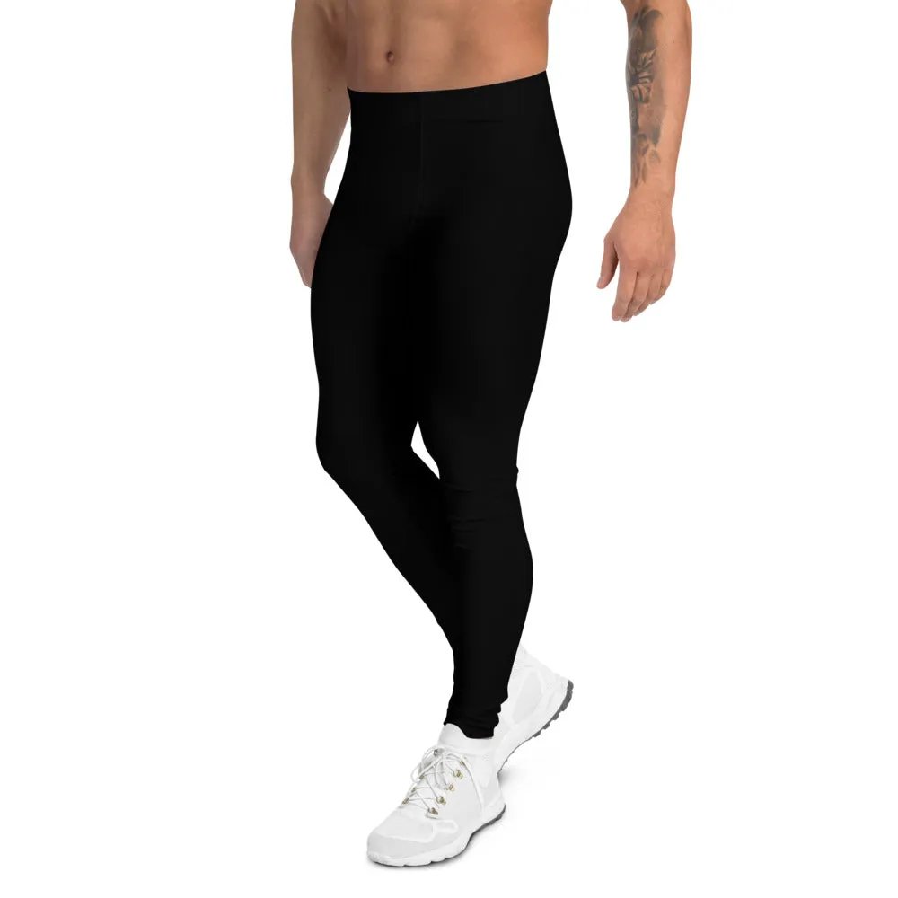 Black Solid Color Men's Leggings, Designer Sexy Meggings Running Tights-Made in USA/EU