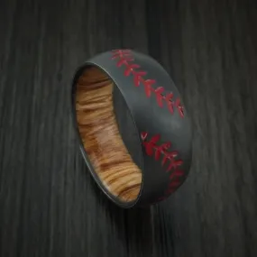 Black Titanium Double Stitch Baseball Men's Ring with Custom Color and Hardwood Sleeve