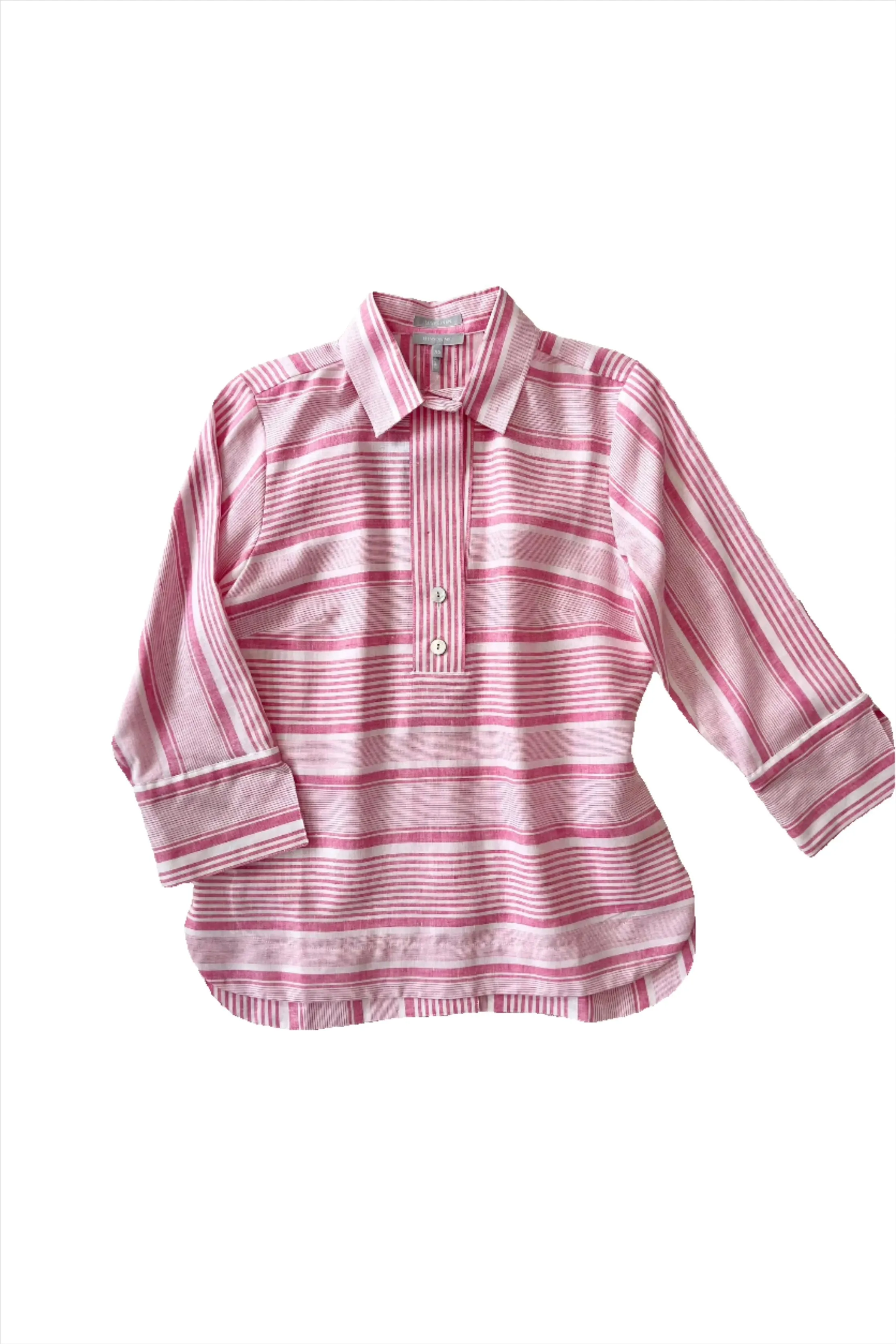 Bright Pink White Stripe 3/4 Sleeve Button Back Top