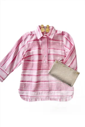 Bright Pink White Stripe 3/4 Sleeve Button Back Top