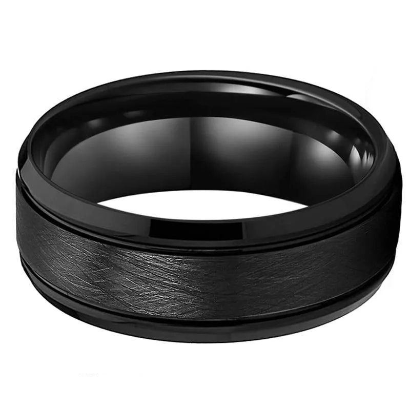 Brushed Black Centre with Beveled Ladder Edge Tungsten Ring (8mm)