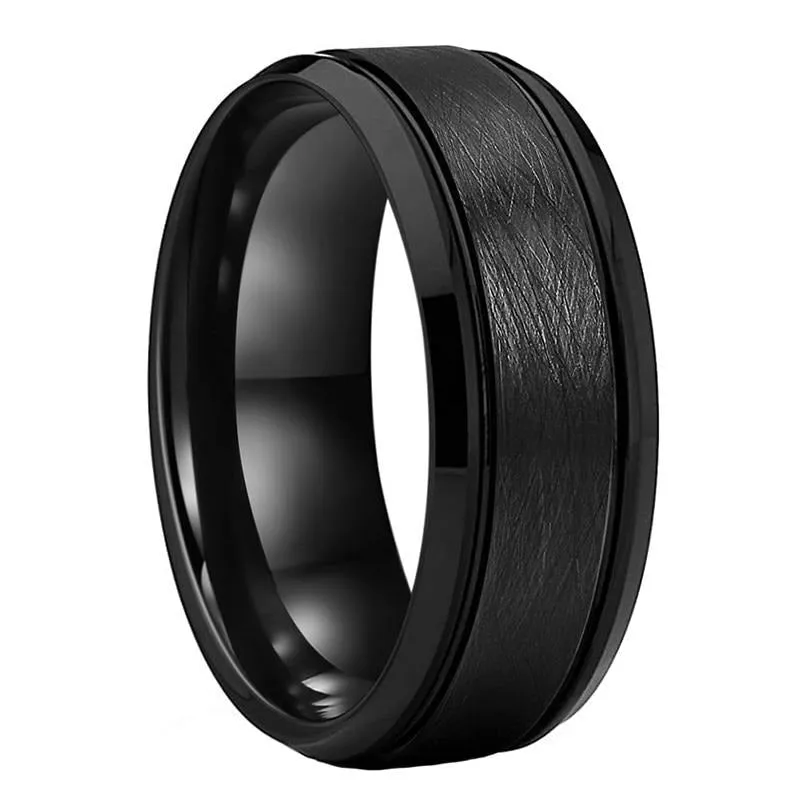 Brushed Black Centre with Beveled Ladder Edge Tungsten Ring (8mm)