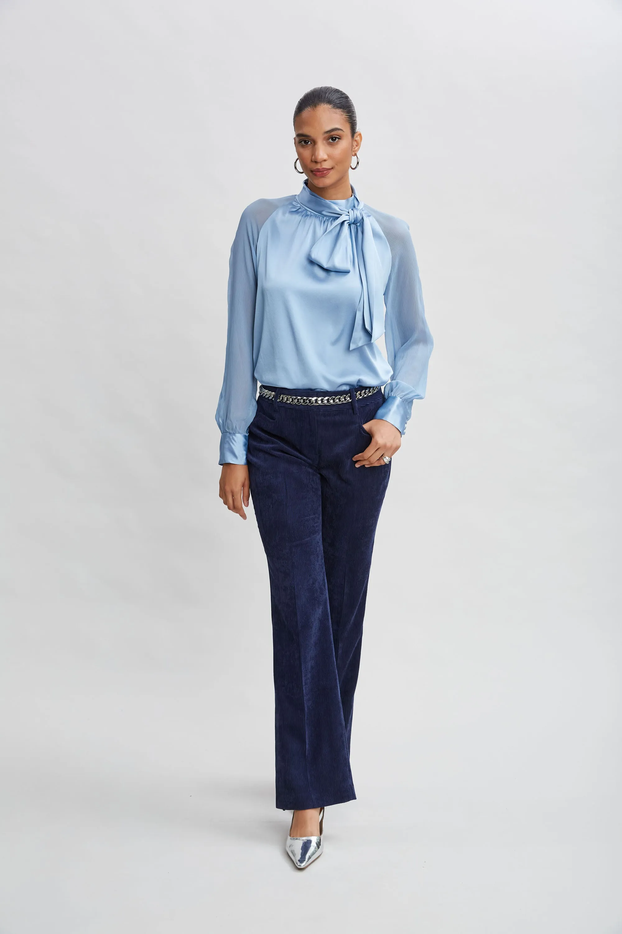 Chiffon Sleeve Silk Satin Tie Shirt