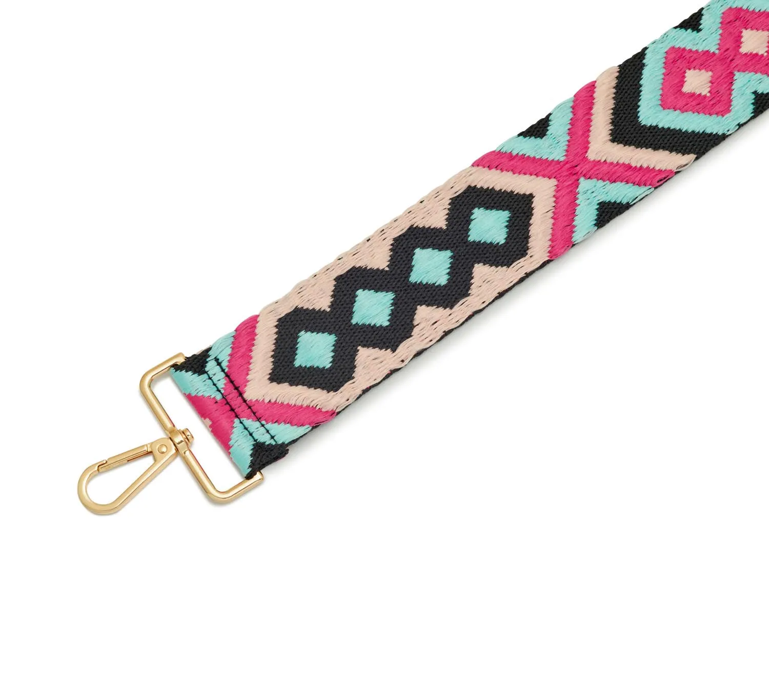 Crossbody Strap - Aqua and Pink Bohemian Print (Gold Hardware)