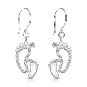 CZ Mom and Baby Feet Silver Dangle Earrings