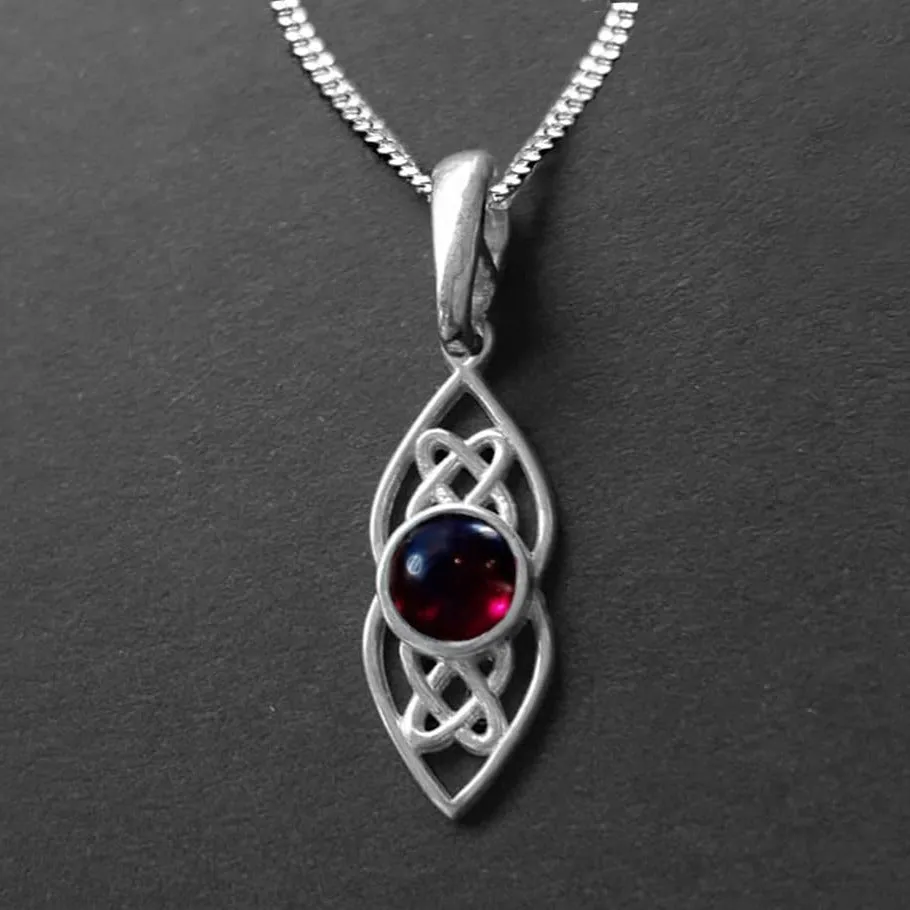 Dainty Silver Necklace With Real Garnet & Celtic Detail