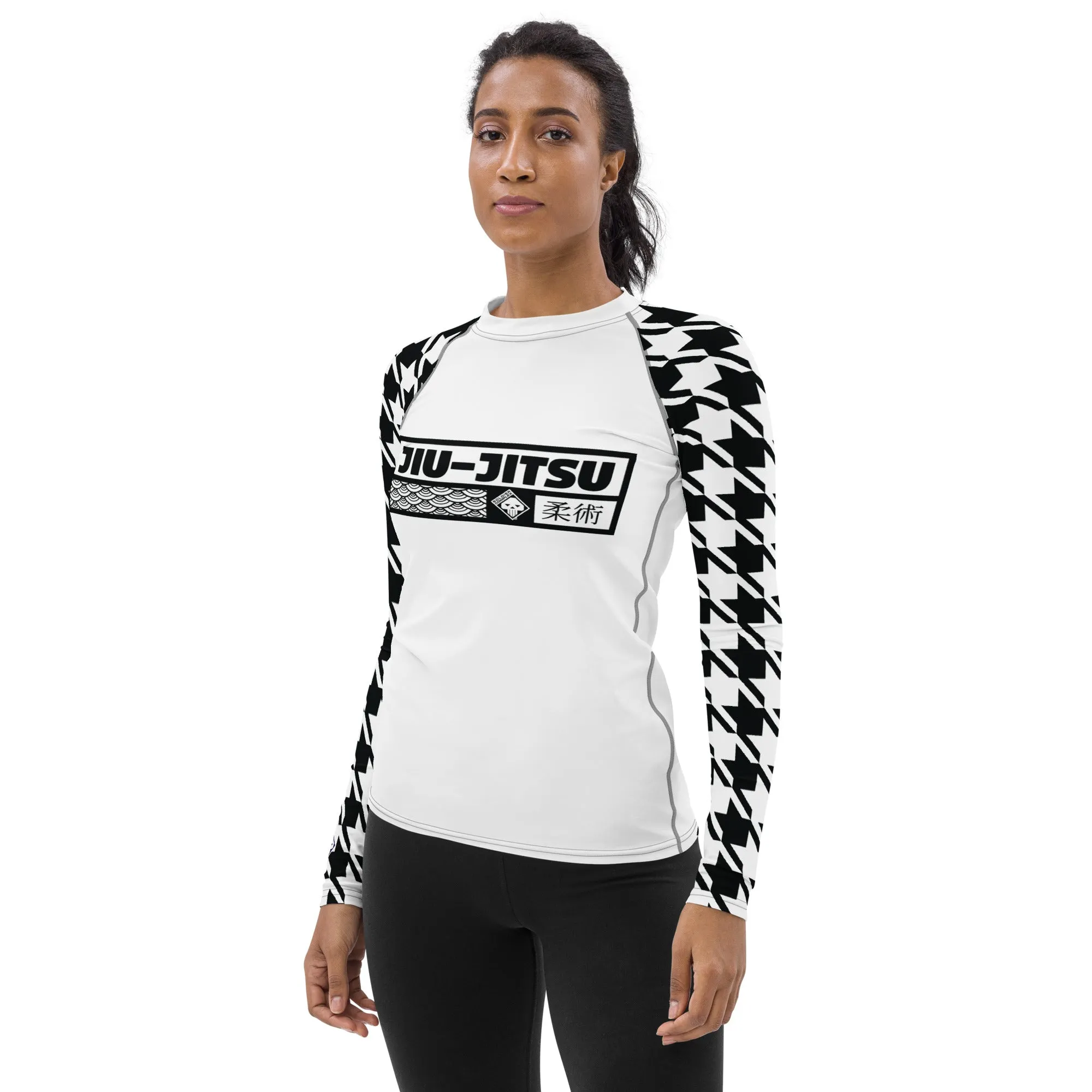 Dynamic Design: Women's Jiu-Jitsu Houndstooth BJJ Rash Guard Blanc