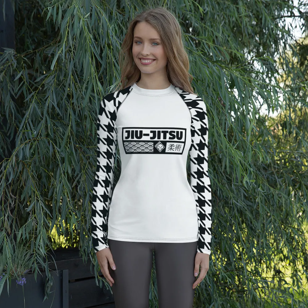 Dynamic Design: Women's Jiu-Jitsu Houndstooth BJJ Rash Guard Blanc