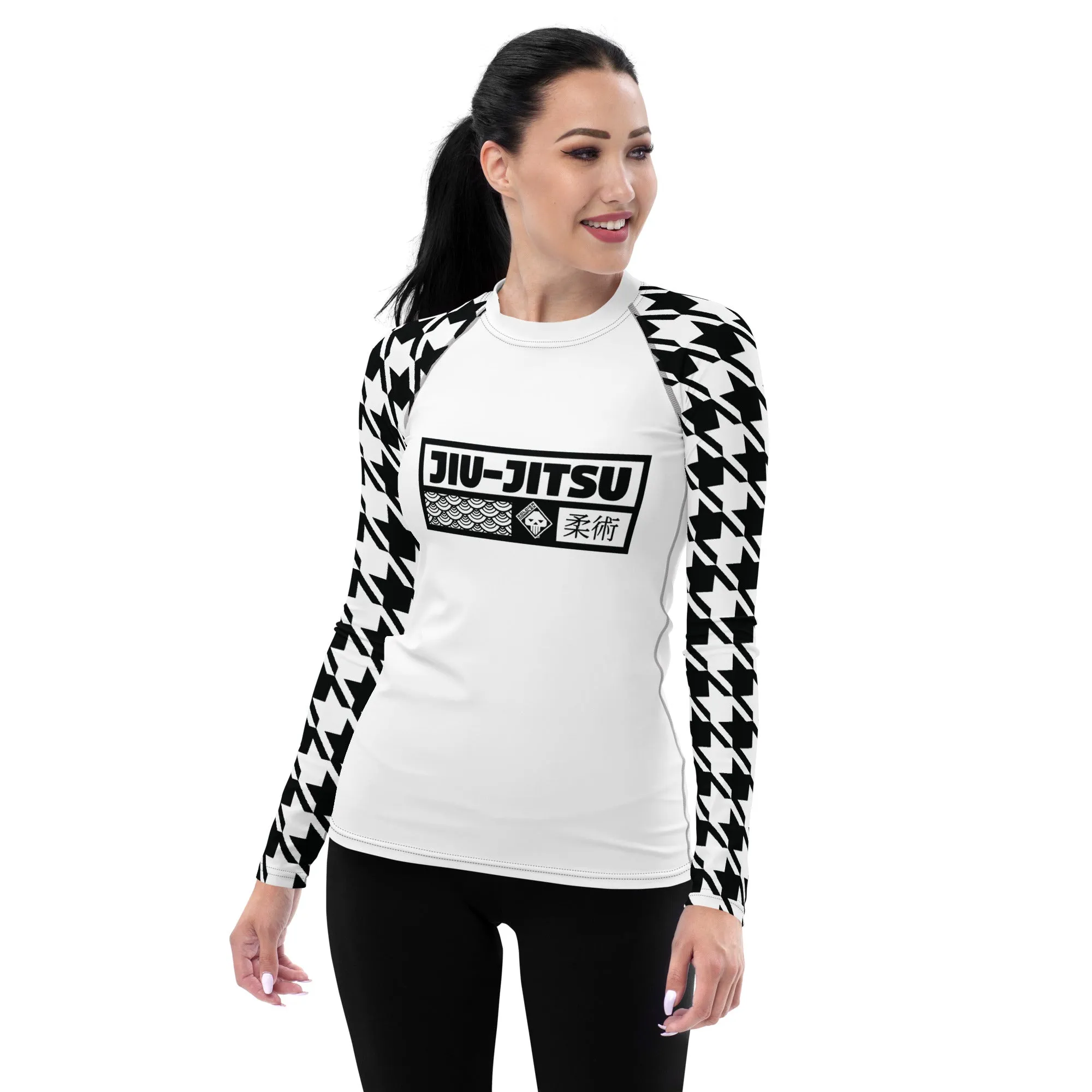 Dynamic Design: Women's Jiu-Jitsu Houndstooth BJJ Rash Guard Blanc