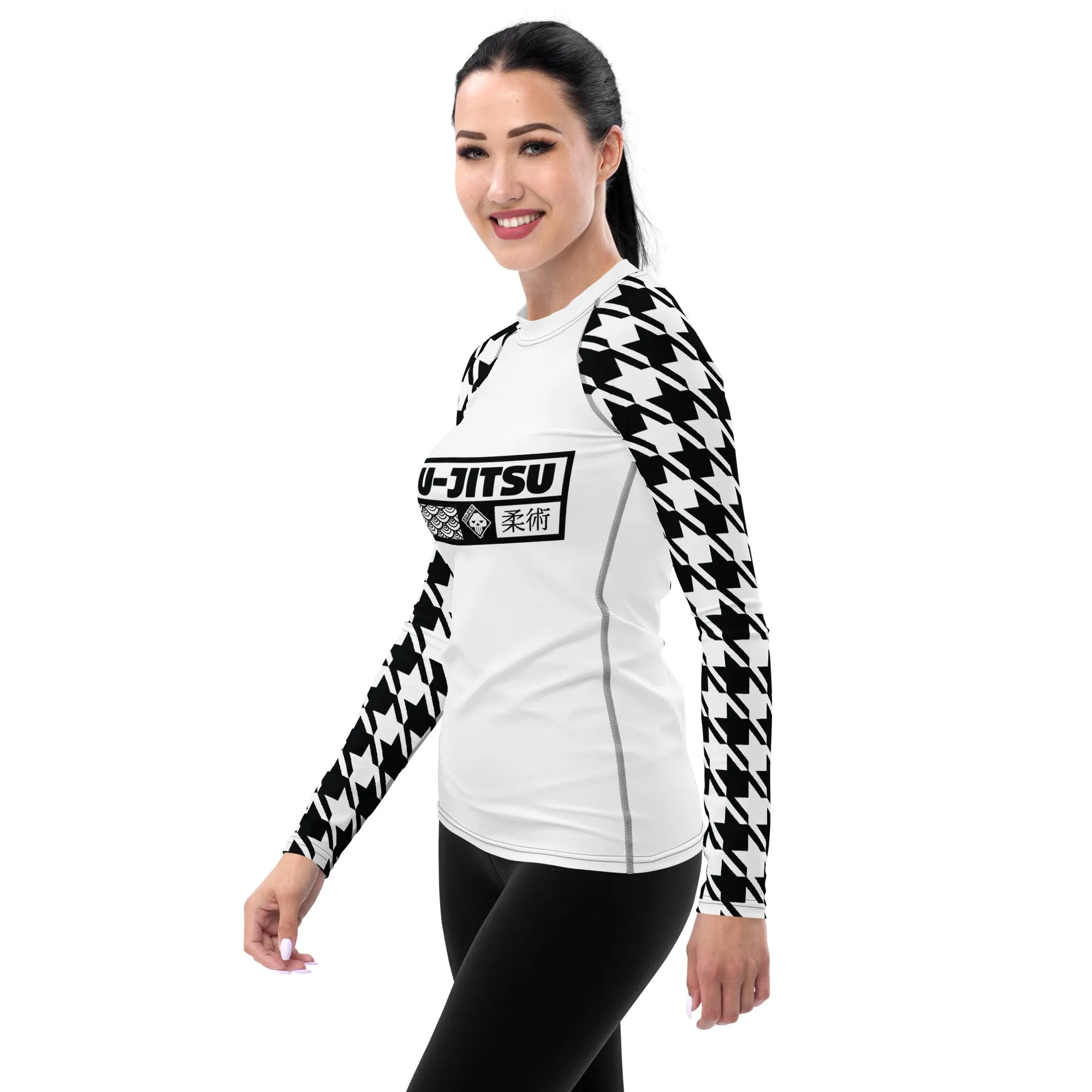 Dynamic Design: Women's Jiu-Jitsu Houndstooth BJJ Rash Guard Blanc