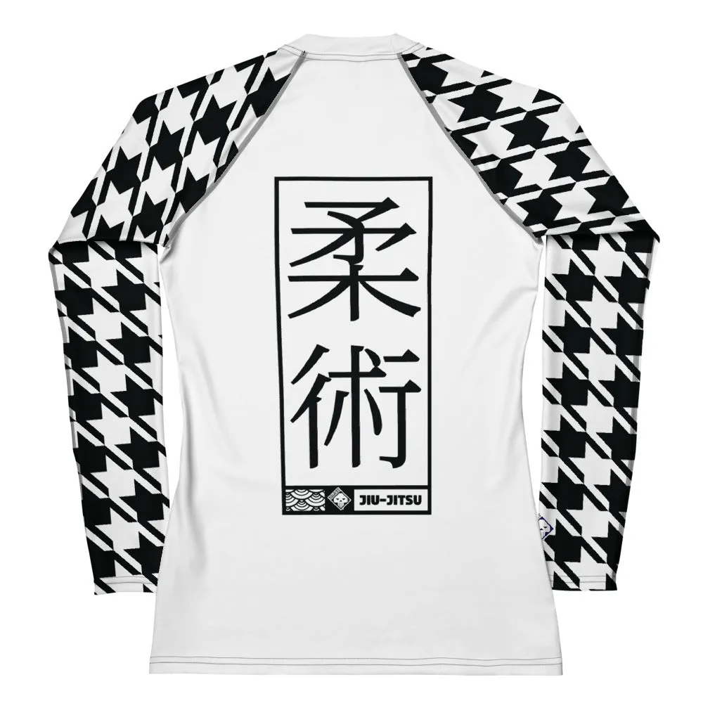 Dynamic Design: Women's Jiu-Jitsu Houndstooth BJJ Rash Guard Blanc