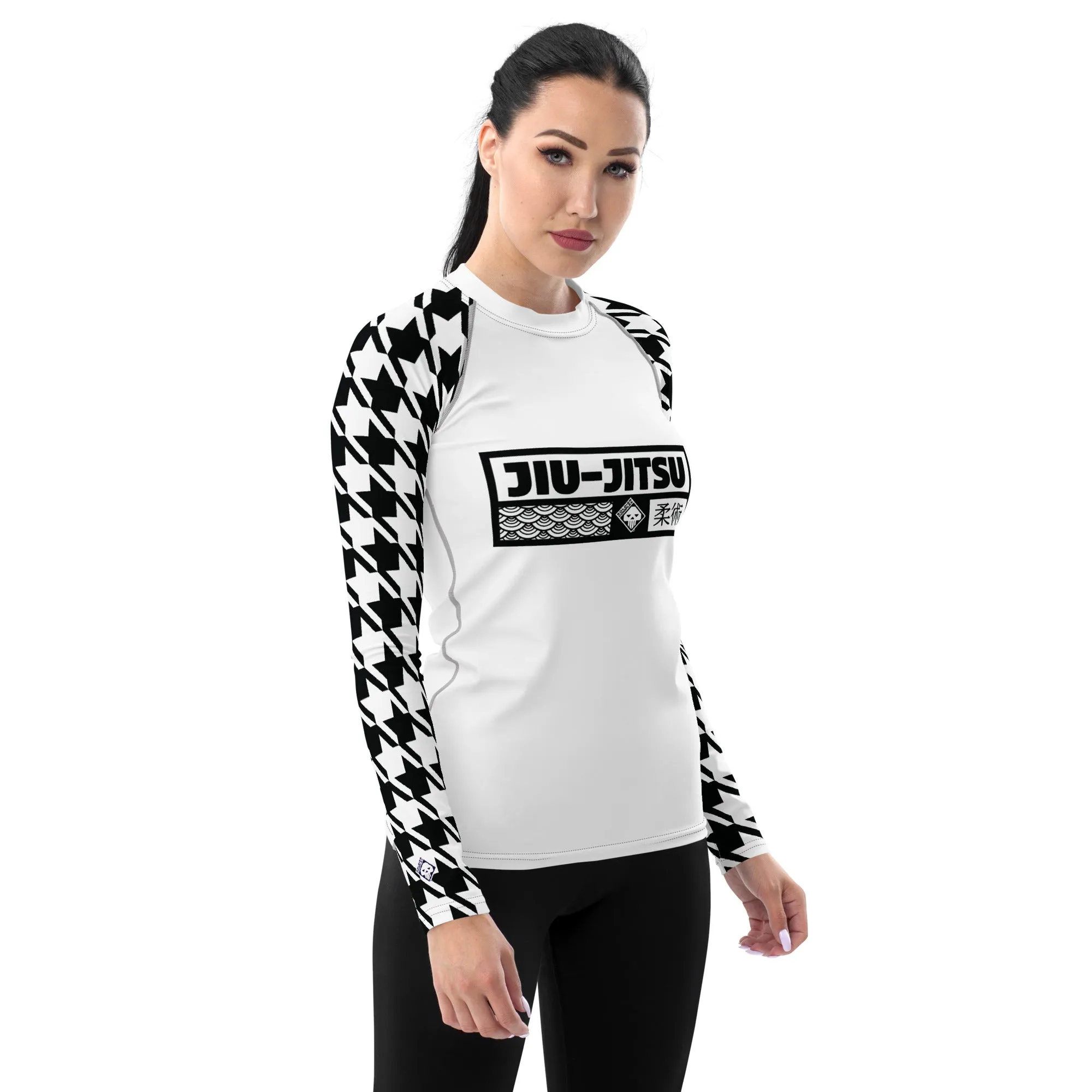 Dynamic Design: Women's Jiu-Jitsu Houndstooth BJJ Rash Guard Blanc