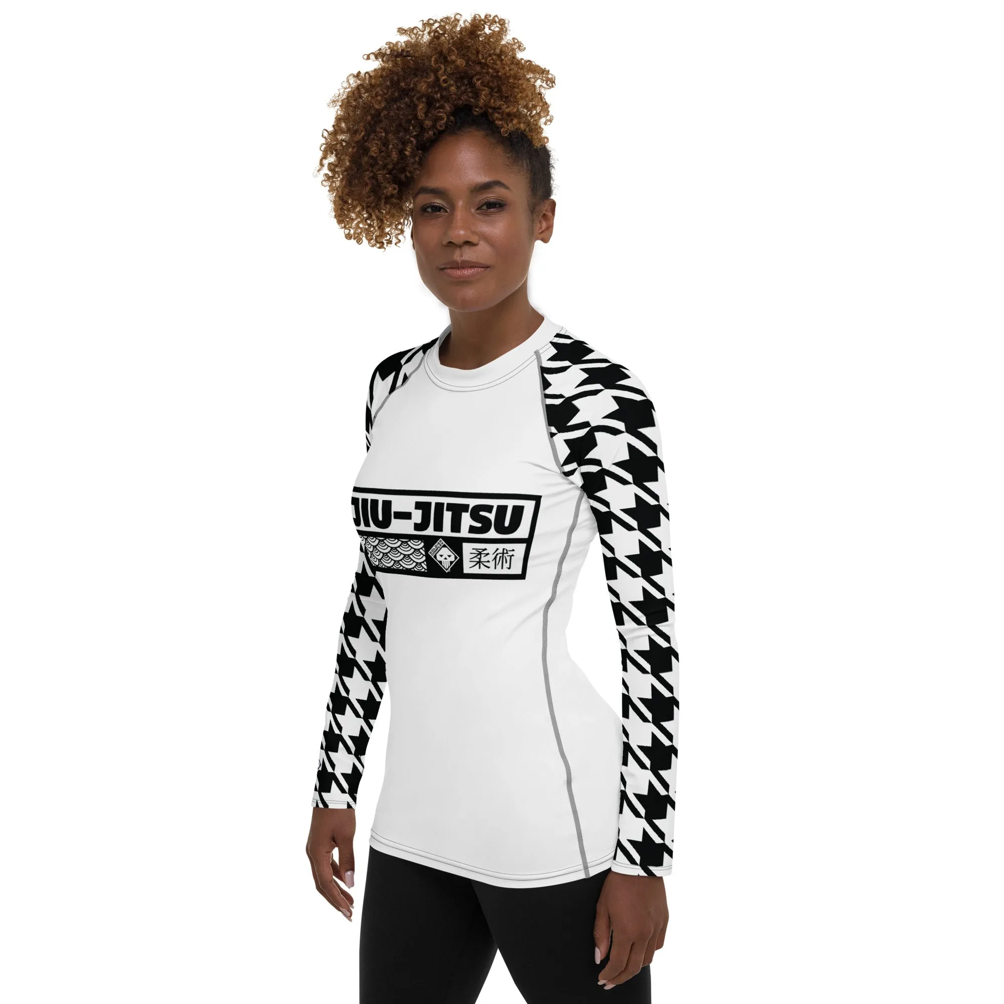 Dynamic Design: Women's Jiu-Jitsu Houndstooth BJJ Rash Guard Blanc