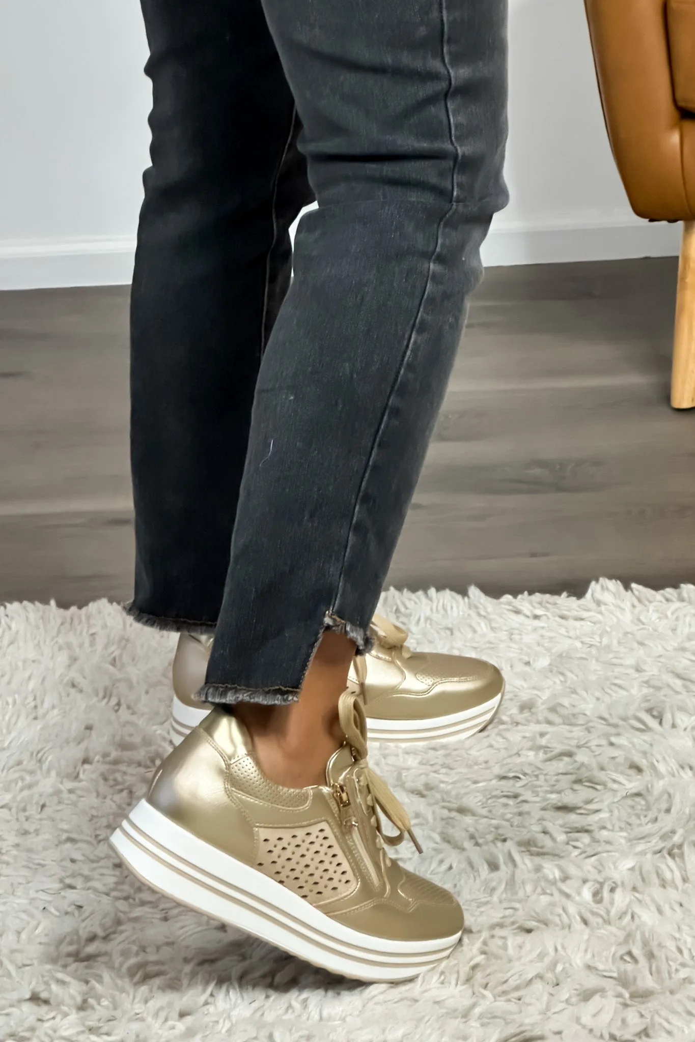 Exe Zipper Trimmed Platform Sneaker : Gold