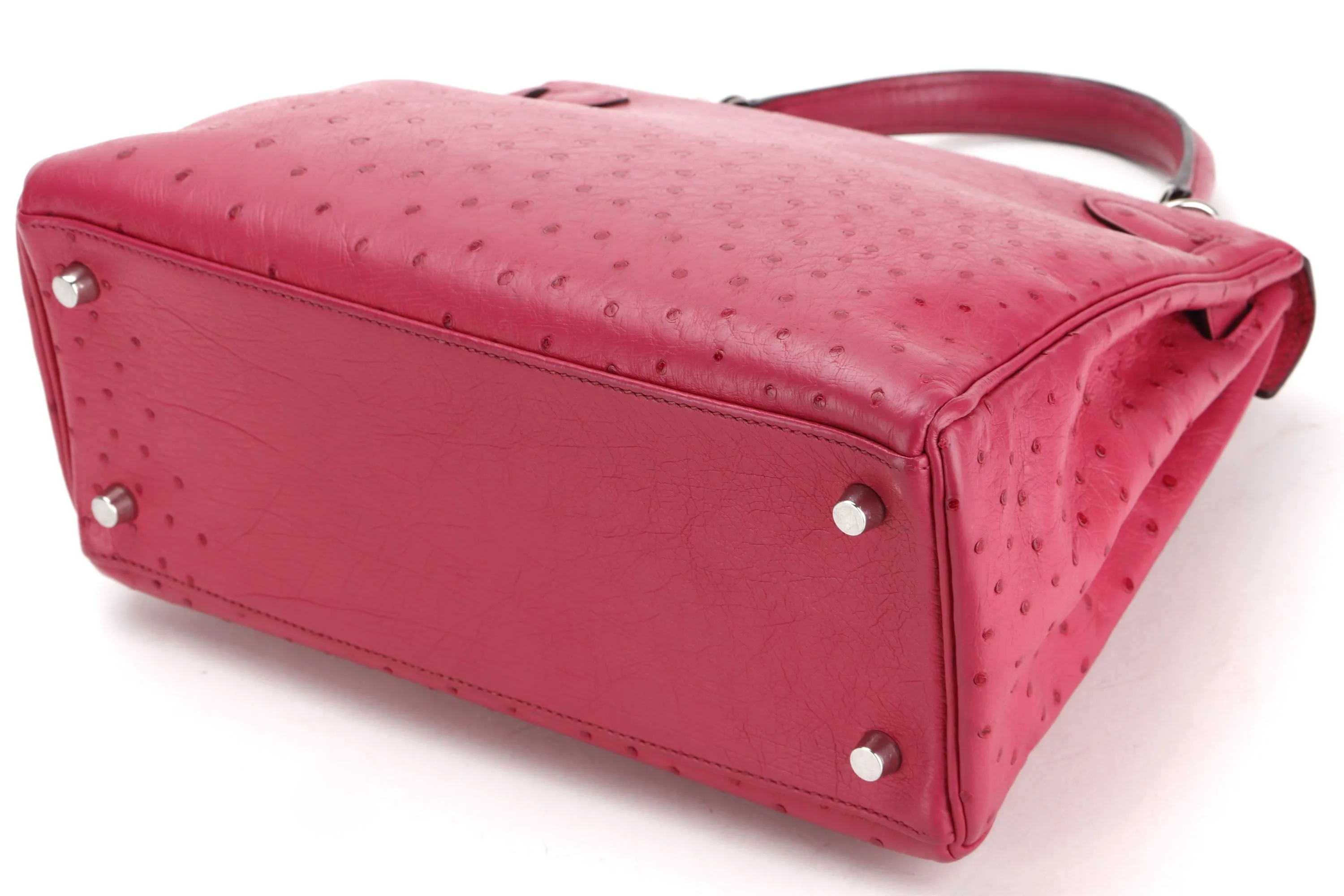 (EXOTIC) HERMES KELLY 28 (STAMP J) FUCHSIA OSTRICH PALLADIUM HARDWARE, WITH KEYS, LOCK, STRAP & DUST COVER