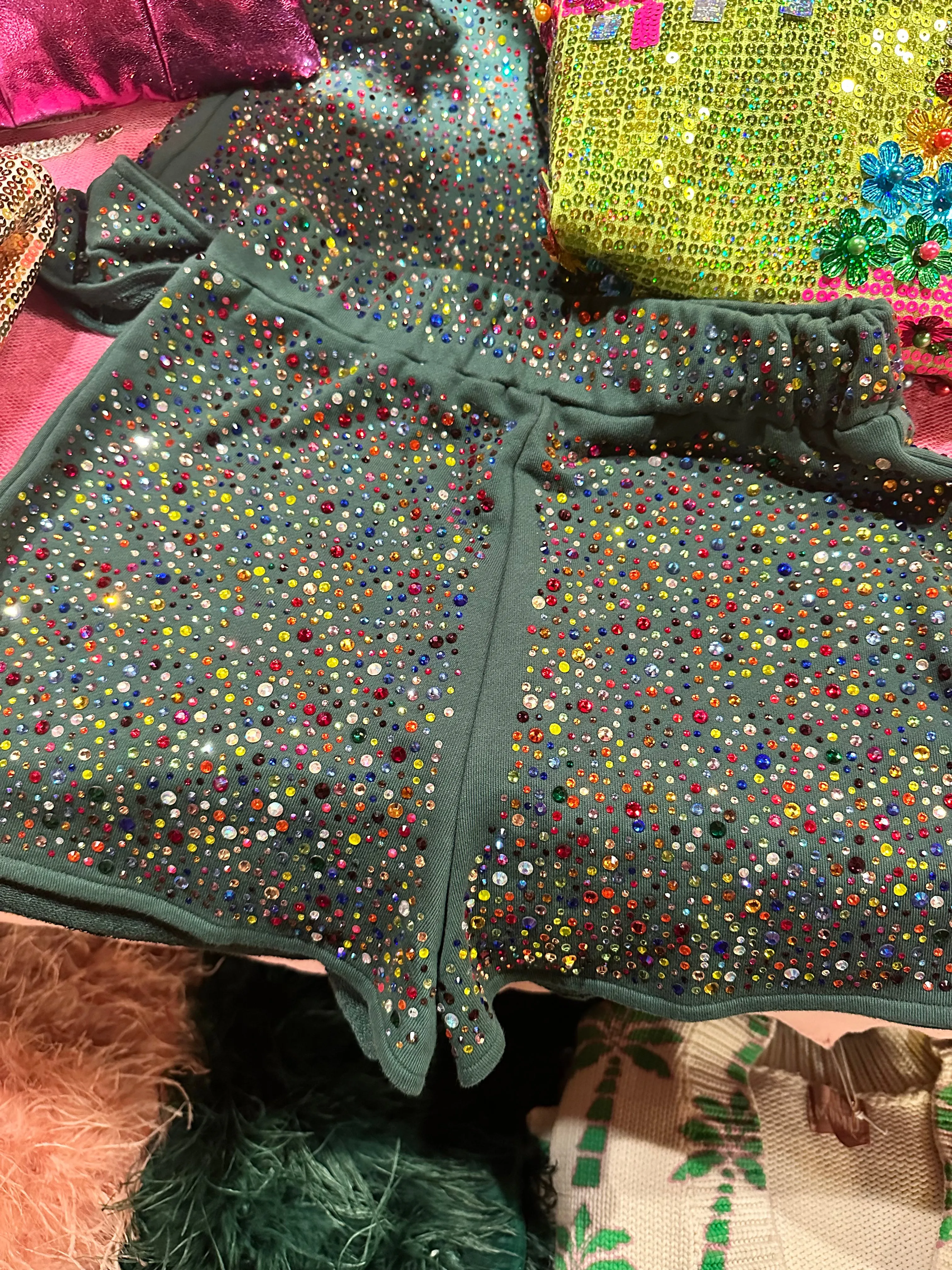 Green Multi Rhinestone Short