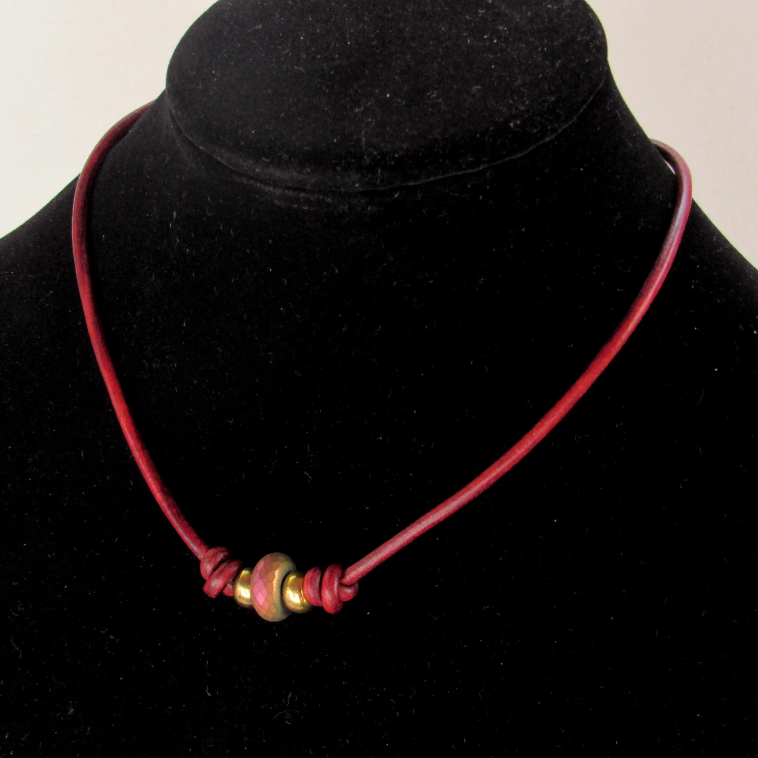 Hematite gemstone with Brass on Red Leather Necklace