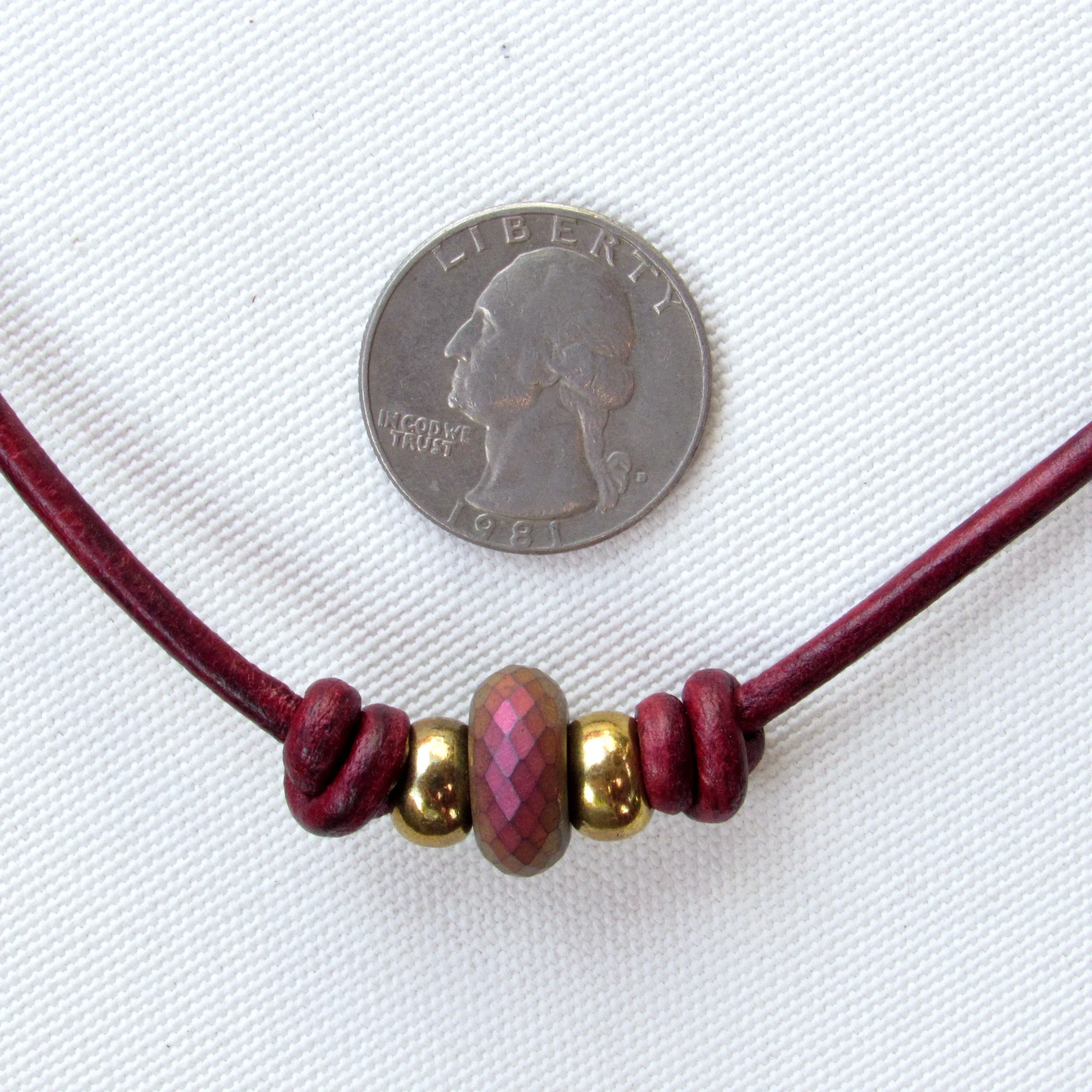 Hematite gemstone with Brass on Red Leather Necklace