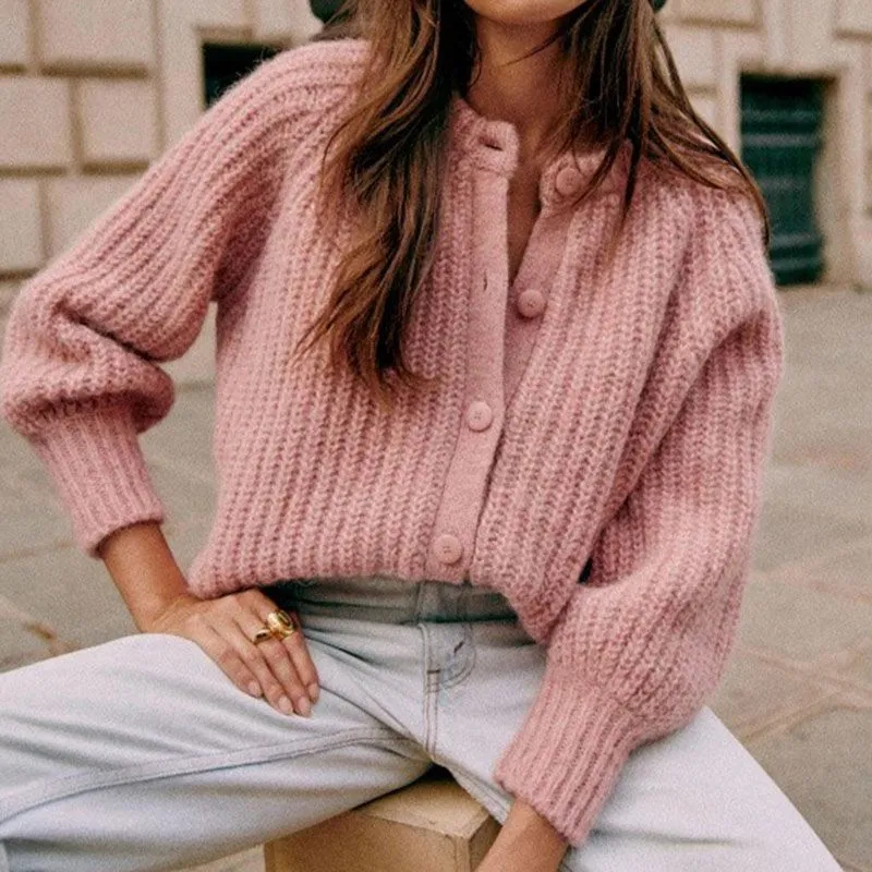 Mottled Pink Ribbed Round Neck Button Up Cardigan Sweater