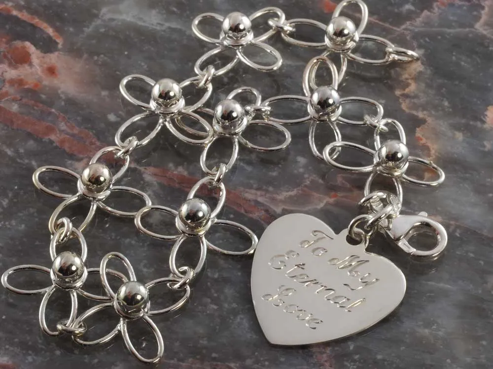 Personalised Sterling Silver Flower Bracelet Engrave Heart