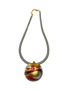 Red, Gold and Silver Murano Glass Pendant Necklace on a Black and White Cord