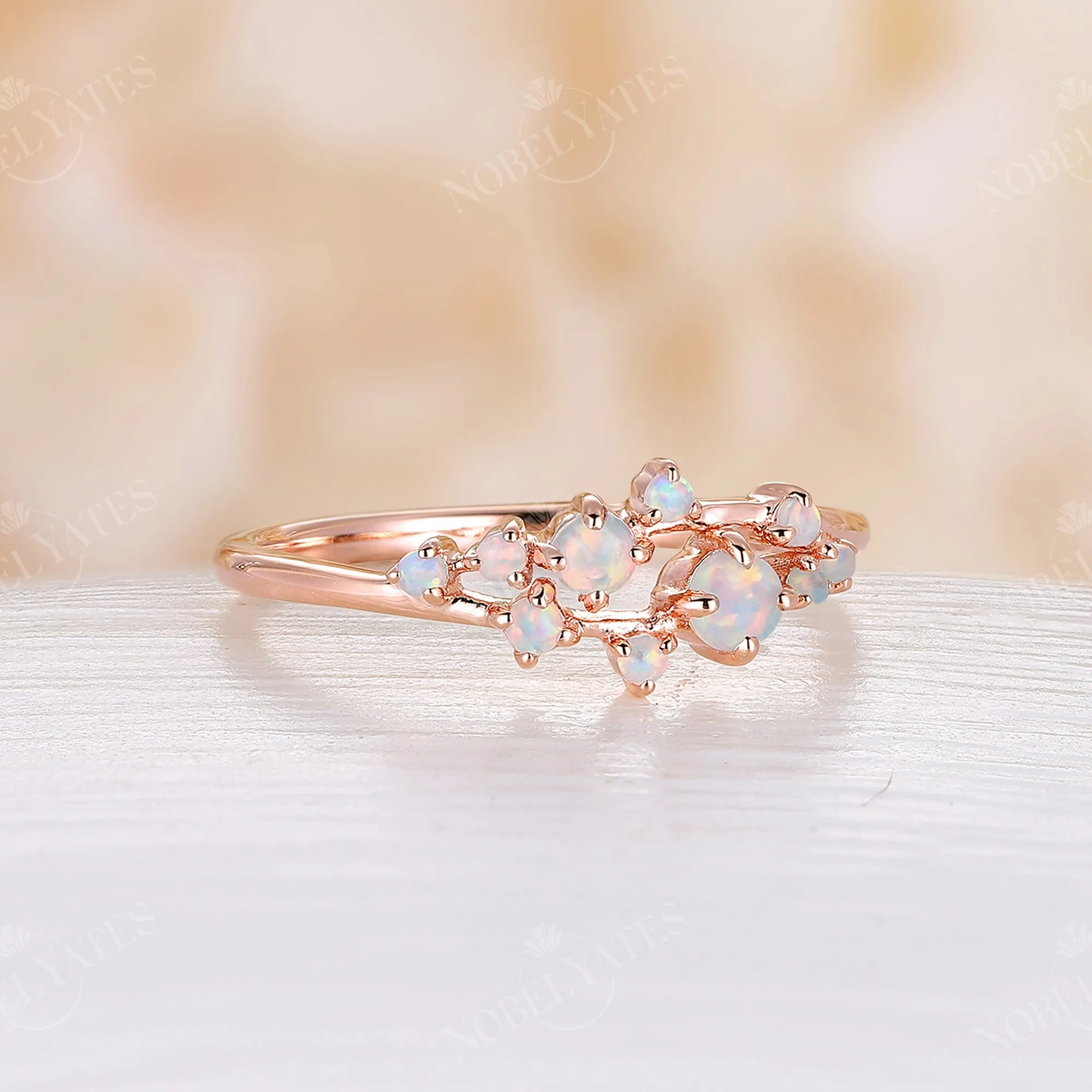 Round Natural Opal Cluster Wedding Band Rose Gold