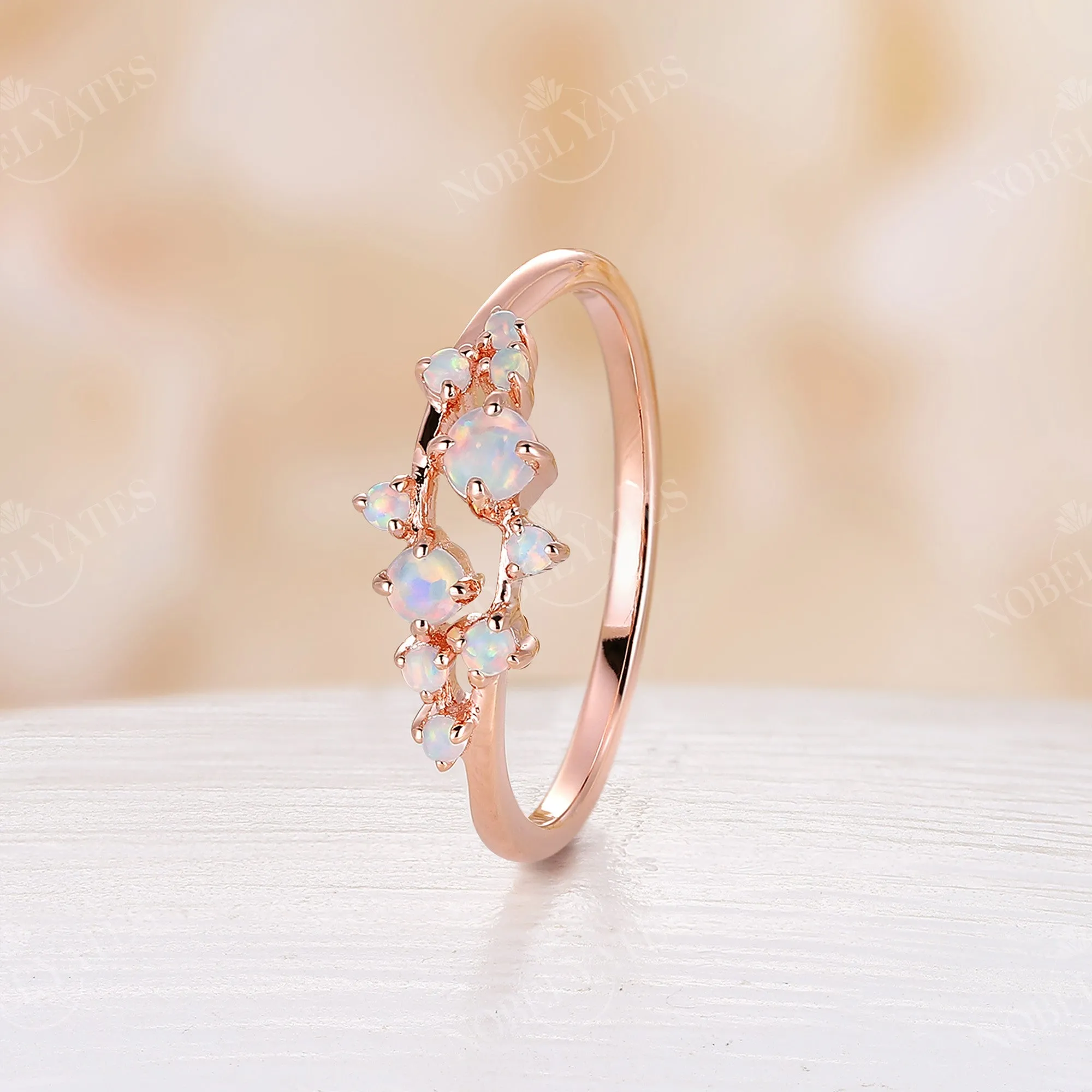 Round Natural Opal Cluster Wedding Band Rose Gold