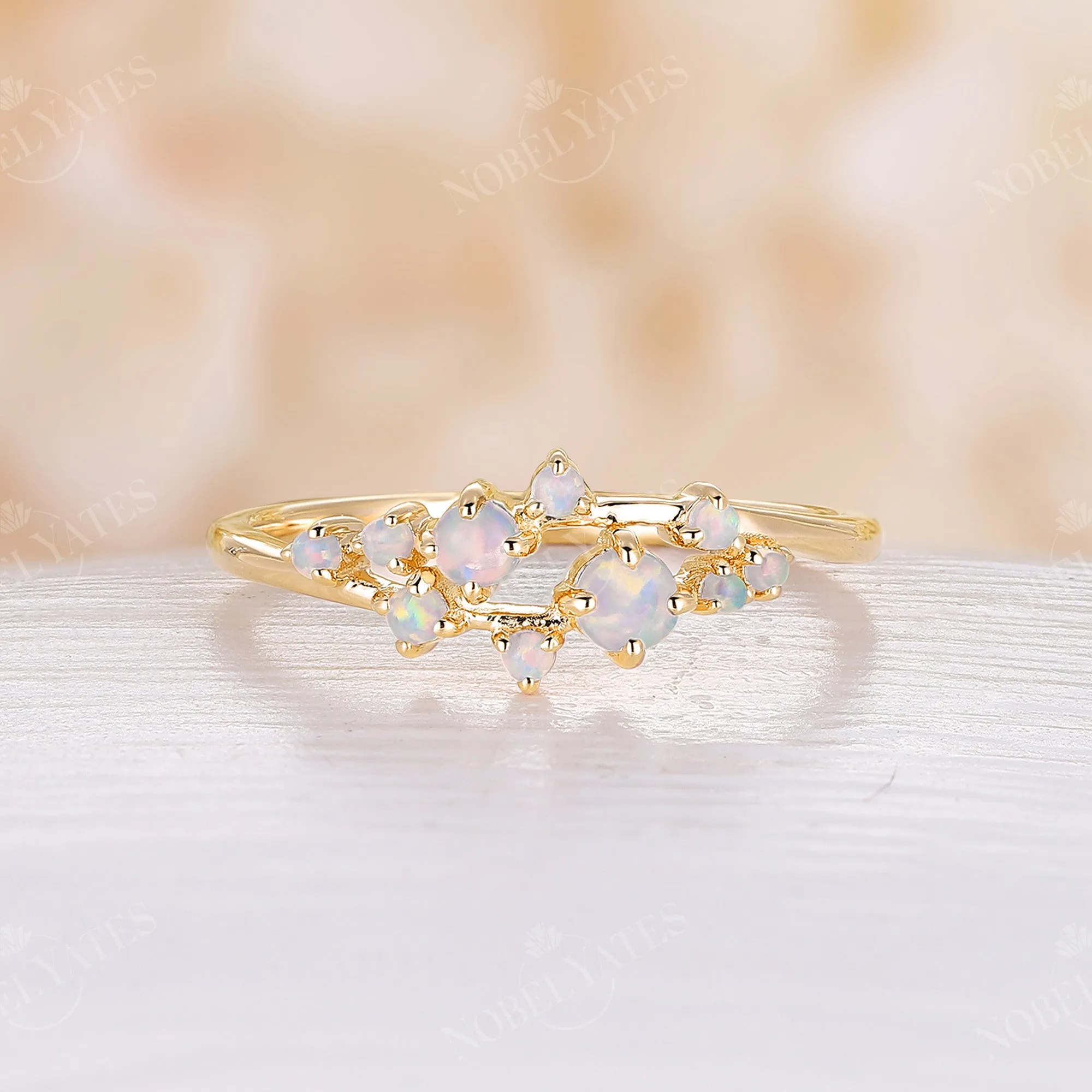 Round Natural Opal Cluster Wedding Band Rose Gold