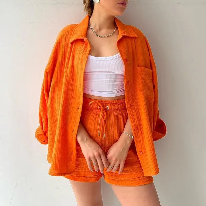 Spring Ruffle Collar Long Sleeve Shirt High Waist Drawstring Shorts Large Fashion Casual Suit