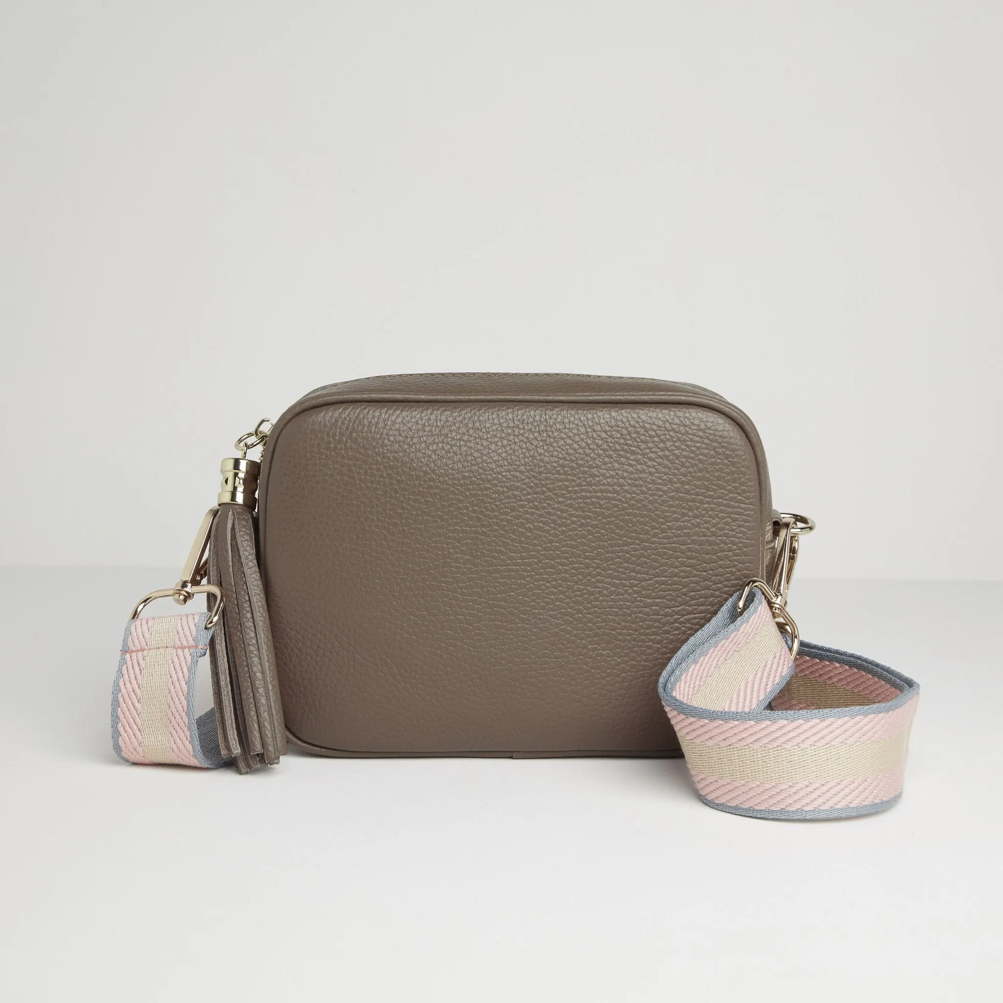 Verona Crossbody Dark Taupe Tassel Bag With Pastel Pink Strap