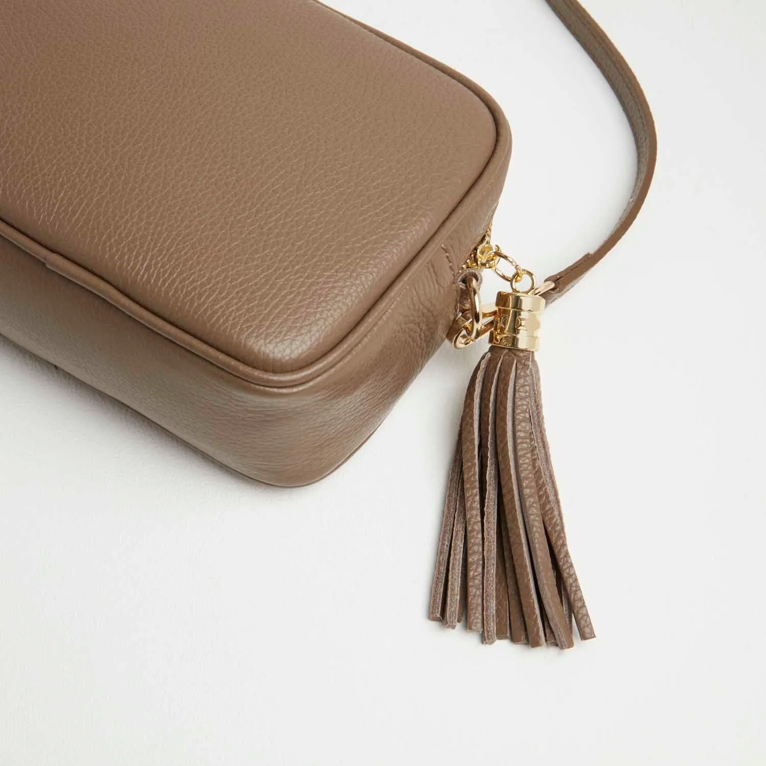 Verona Crossbody Dark Taupe Tassel Bag With Pastel Pink Strap