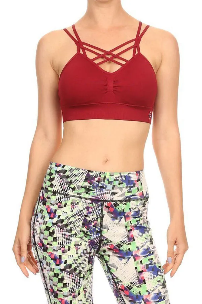 Women's Junior Fit Solid Color Strappy V-Neck with Spaghetti Straps Sports Bra