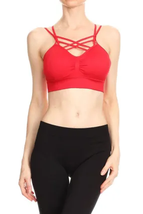 Women's Junior Fit Solid Color Strappy V-Neck with Spaghetti Straps Sports Bra